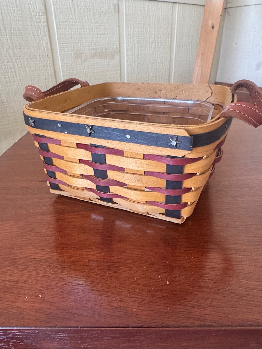 Longaberger Natural, Burgundy and Black Woven Basket with Leather Handles